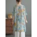 Blue O-Neck Print Low High Design Linen Shirts Half Sleeve