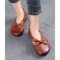 Elegant Chocolate Bow Cowhide Flat Shoes For Women