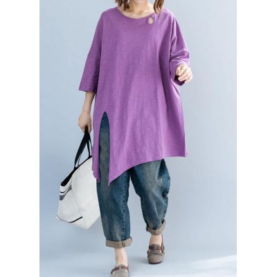 Art purple o neck cotton box top asymmetric hem Plus Size Clothing summer top