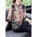 Stylish Pink Stand Collar Print Side Open Silk Shirt Tops Half Sleeve