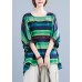 French Green O-Neck Print Ruffled Fall Striped Shirt Tops Half Sleeve