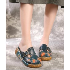 Unique Embossed Platform Slippers Shoes Blue Cowhide Leather