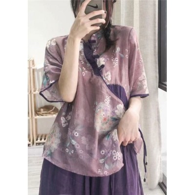 Women Purple Button Print Shirt Tops Half Sleeve