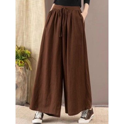 Women Casual Drawstring Waist Solid Color High Waist Wide Leg Pants With Pocket